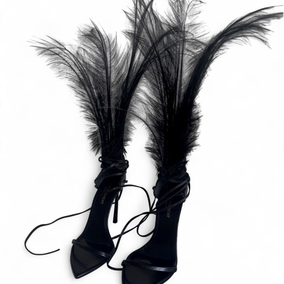 Saint Laurent Shoes - YSL Black Feather Lace-Up Stiletto Sandals